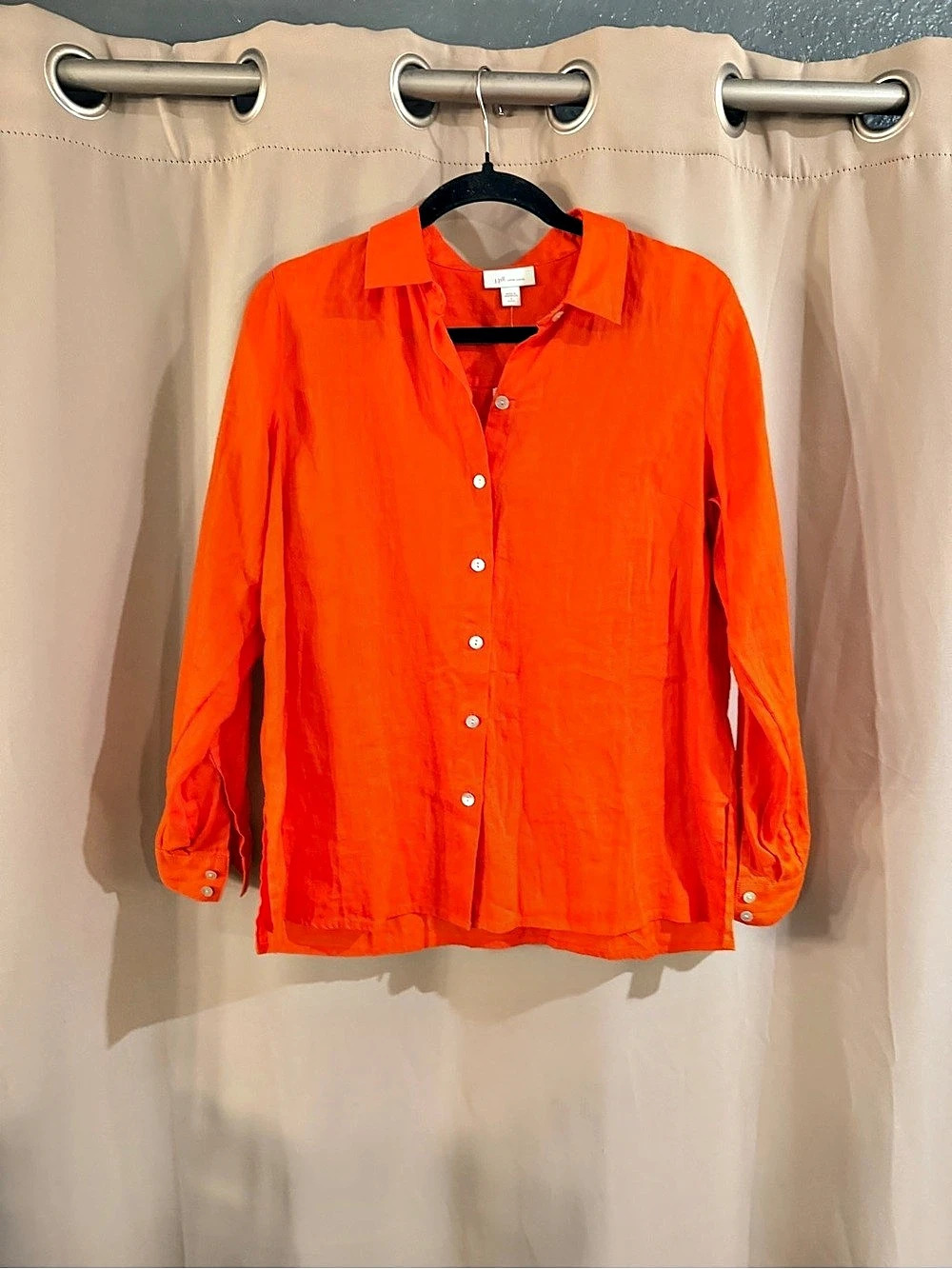 New J Jill Love Petite Linen Button-Front Shirt Linen Button-Down Orange Small N